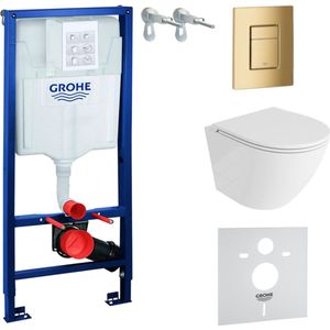 Inbouwreservoir Complete Toiletset Grohe Solido 39069000 - Inbouw WC Hangtoilet Wandcloset Sofi One Wit Hoogglans - Bedieningsplaat Skate Cosmopolitan 38732GL0 Gouden - Voorwandelement