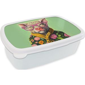 Broodtrommel Wit - Lunchbox - Brooddoos - Bril - Roze - Varken - Bloemen - Dier - 18x12x6 cm - Volwassenen