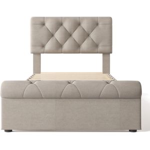 Gotagee Gestoffeerd bed 90x200 cm Eenpersoonsbed Met lattenbodem en 2 lades Verstelbaar hoofdbord Chesterfield Multifunctioneel bed Natuurlijk Zonder matras
