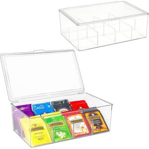 Puricon Pack of 2 Tea Boxes 16 Compartments, Stackable Tea Bag Tea Holder with Lid, Tea Storage Box, Tea Bag Boxes Made of Plastic, Airtight Tea Storage for Coffee Pods, Tea Organiser Box, Transparent