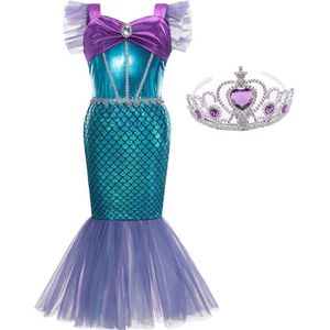 Zeemeermin jurk Prinsessen jurk donker paars + kroon - Maat 140/146(140) verkleedjurk verkleedkleding kinderen