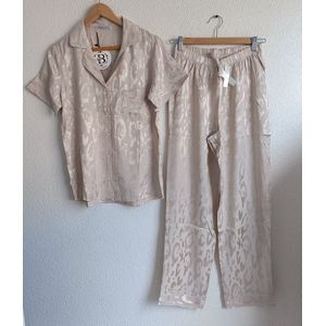 Dames 2- Delige -Pyjama- Luxe Pyjamaset- Nachtkleding- Homewear -Satijn- Cadeauset voor Vrouwen-Ecru Maat XL