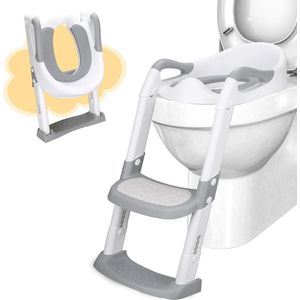Toiletbril voor kinderen met trap, potje met ladder & PU gevoerd, toiletopzetstuk voor kinderen vanaf 1-7 jaar, wc-bril voor kinderen 38-47 cm, grijs