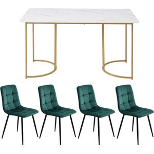 Merax 5-Delig Eetset - Eettafel met 4 Stoelen - Moderne Keukentafel Set - 140×80 cm Tafel met Gouden Metalen Poten - Wit MDF Tafelblad - Donkergroene Fluwelen Eetkamerstoelen