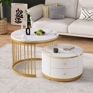 Sweiko 2-delige salontafelset, 60*60*45.5 cm + 50*50*32 cm, buitenkant hoogglans marmer, 2 laden, max. belasting 30 kg, combinatie salontafel wit + goud