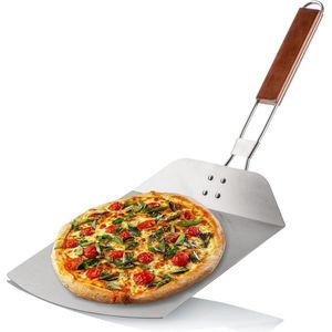 Pizzaschep van roestvrij staal 430, pizza- en taartschep met houten handvat, pizzaschep voor pizza, tarte flambée, broodjes en brood, inklapbare handgreep (zilver/bruin, vierkant)