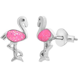 Lucardi Kinder Zilveren oorknop flamingo emaille roze - Oorbellen - 925 Zilver - Zilverkleurig