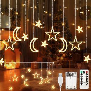 Ramadan decoratie ""Prachtige Ramadan Lichtketting: LED Sterren en Maan Lichtgordijn met Timer en Afstandsbediening - 3,5 m, Batterij/USB, Geschikt voor Binnen en Buiten Decoratie tijdens Pasen en Feesten