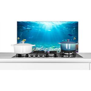 Spatscherm keuken 90x45 cm - Kookplaat achterwand Onderwaterwereld - Zeedieren - Water - Zee - Koraal - Blauw - Muurbeschermer - Spatwand fornuis - Hoogwaardig aluminium