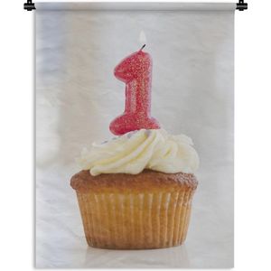Wandkleed Cijfer 1 - Kaars in de vorm van een 1 op een cupcake Wandkleed katoen 150x200 cm - Wandtapijt met foto