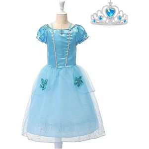 Assepoester jurk Prinsessen jurk verkleedjurk 128-134 (140) blauw met broche kinderen + blauwe kroon