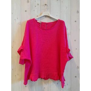 100% linnen top in kleur FUCHSIA - raglan mouwen met ribbels - maat 42