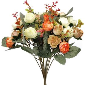 Kunstbloemen met 21 bloemhoofdjes, kleine roos voor bruiloftsreceptie, thuis, tuin, feest, tafeldecoratie, 7 stengels, kunstzijde en kunststof, oranje, 2 stuks