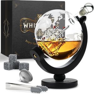 Whiskykaraf - wereldbol - karaf - whiskyset - 900 ml - cadeaus voor mannen - herencadeaus - incl. 4 whiskystenen & schenkers