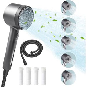 Hogedrukdouchekop - waterbesparend - 5 instelbare niveaus - met slang - zwart - 4 stuks katoenen filters