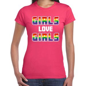 Bellatio Decorations Gay Pride shirt - girls love girls - regenboog - dames - roze S
