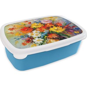 Broodtrommel Blauw - Lunchbox - Brooddoos - Bloemen - Kleurrijk - Olieverf - Bloempot - 18x12x6 cm - Kinderen - Jongen