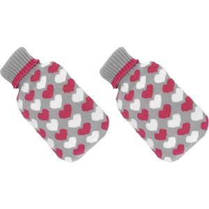 2x stuks warmwater kruiken met hartjes patroon grijs/rood/wit - 2 liter inhoud - Warm/heet waterkruiken - Valentijn cadeau