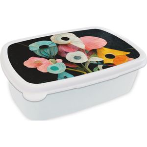 Broodtrommel Wit - Lunchbox - Brooddoos - Boeket - Vaas - Bloemen - Kleuren - 18x12x6 cm - Volwassenen
