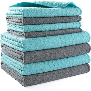 Keuken- en vaatdoekenset golvend geweven - set van 8 microvezel doeken - grijs en aqua - 4 stuks van 16x28 inch en 4 stuks van 30x30 cm