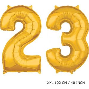 Mega grote XXL gouden folie ballon cijfer 23 jaar. leeftijd verjaardag 23 jaar. 102 cm 40 inch. Met rietje om ballonnen mee op te blazen.