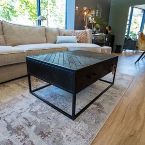 HUUS Salontafel Floor - Visgraat - Mangohout - Zwart - 100x70x45 cm - 2 lades - Rechthoekig