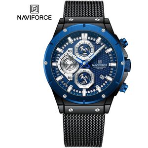 NAVIFORCE horloge voor mannen, met zwarte metalen polsband, blauwe met zwarte horlogekast en grijze wijzerplaat met in het donker oplichtende wijzers ( model 8027S BBE ), verpakt in een mooie geschenkdoos