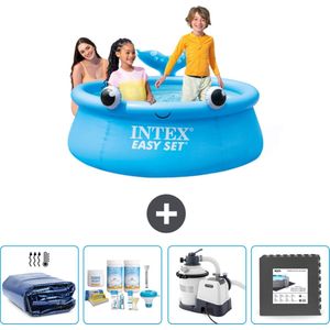 Intex Rond Opblaasbaar Easy Set Zwembad - 183 x 51 cm - Blauw - Walvis - Inclusief Solarzeil - Onderhoudspakket - Zwembadfilterpomp - Vloertegels