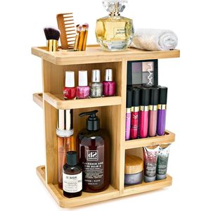 360° Bamboo Wood Makeup Storage Carousel for Cosmetics Skin Care Rotating Organizer for Vanity Bathroom
