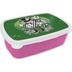Broodtrommel Roze - Lunchbox - Brooddoos - Domino stenen - Hoed - Retro - 18x12x6 cm - Kinderen - Meisje