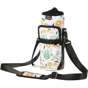Water Bottle Carrier Bag Bottle Pouch Holder Adjustable Shoulder Hand Strap 2 Pocket Sling - Sports Neoprene Sleeve for Hiking Travelling Camping - Yellow Daisy