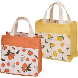 2 stuks herbruikbare boodschappentas, katoenen tas, bedrukt, kleine katoenen tas, voor vrouwen, kinderen, meisjes (22 cm x 22 cm), geel, rood