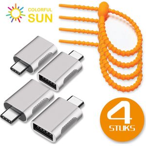 Colorful Sun® USB-C naar USB-A adapter - 4 stuks - USB C to USB A - Gratis kabel-organizer - USB C Male naar USB A Female - USB 3.2 - 10 Gbps - Verloop - Zilver
