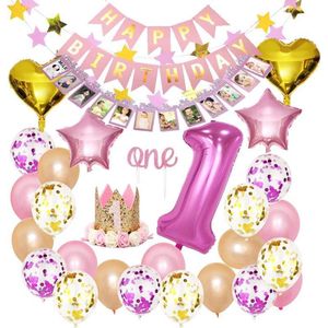 Joya Beauty® 1 Jaar Verjaardag Versiering Set Roze | Baby | 1ste Verjaardagskroon | Happy Birthday Slinger Ballonnen | Meisje