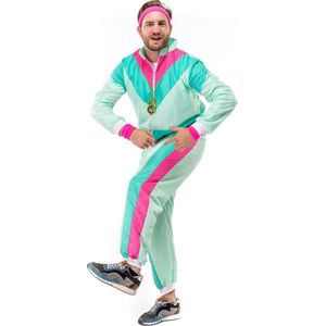 Original Replicas - Jaren 80 & 90 Kostuum - 80s Retro Trainingspak Dancing David - Man - Groen, Roze, Multicolor - Large - Carnavalskleding - Verkleedkleding