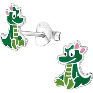 Joy|S - Zilveren krokodil oorbellen - 7 x 8 mm - groen met roze strikje
