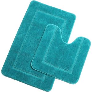 Antislip Microfiber Badmatten Set - 2 Delig Wasbaar Badkamertapijt (Turquoise, 53 x 86 cm + 50 x 50 cm)