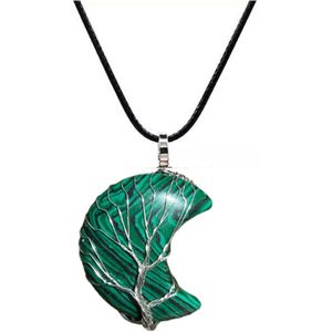 ASTRADAVI Kristal Halve Maan - Hanger - Positieve Energie Chakra Kristal Edelstenen - Zilverkleurige Kooi - met Zwart Vegan Lederen Koord - Malachiet - Cadeau Idee