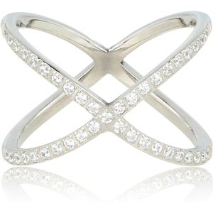 My Bendel Brede zilverkleurige ring met zirkonia steentjes - Unieke ring zilverkleurig bezet met zirkonia stenen - Met luxe cadeauverpakking