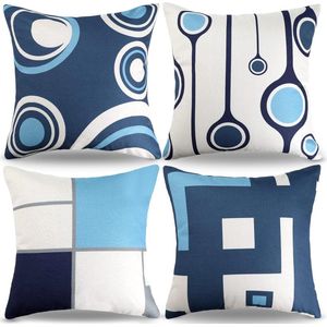 Set van 4 kussenslopen, 40 x 40 cm, moderne decoratieve kussenhoezen, blauw, wit, eenvoudige geometrische kussenslopen, abstracte decoratieve kussenhoezen, linnen, sofakussen voor slaapkamer