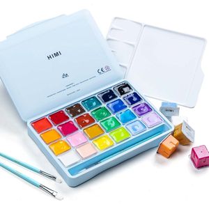 HIMI - Gouache - set van 24 kleuren x 30ml - in kunststof opbergbox + penselen set van 3 - Ice Blue Limited edition