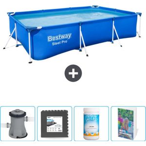 Bestway Rechthoekig Steel Pro Zwembad - 300 x 201 x 66 cm - Blauw - Inclusief Pomp - Vloertegels - Chloor - Zwembadgids