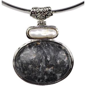 Zoetwater parel en edelstenen ketting Biwa Black Gemstone - parelketting - echte parels - wit - zwart - grijs - zilver