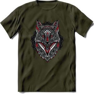 Vos - Dieren Mandala T-Shirt | Rood | Grappig Verjaardag Zentangle Dierenkop Cadeau Shirt | Dames - Heren - Unisex | Wildlife Tshirt Kleding Kado | - Leger Groen - L