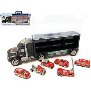 Brandweer vrachtwagen transporter truck - speelgoed mini brandweerauto's - 6-delig set koffer - Oplegger voor 12 brandweerwagens - 39cm