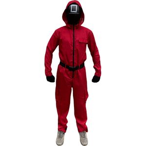 Squid Game Kostuum kinderen - Rode Jumpsuit - Halloween costuum - Cosplay - Carnaval kostuum - Met masker en accessoires - Maat 146/152