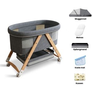 Kaëru® 3-in-1 Natuurlijk Babybed – Wieg, Losstaand Bedje & Reisbedje – Linnen-Katoen & Beukenhouten Poten – Met Matras & Koelmatje & Kussen & Muskietennet – Inklapbaar en Draagbaar – Voor Baby’s tot 36 Maanden (Max. 40 kg) – Wielen met Rem – Grijs