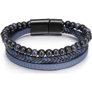 Leerella Armband dames en heren – dubbel snoer – Blauw met zwart gevlochten leer rond - Zwart steen - kralen - Leerella -zwart RVS sluiting - Model O