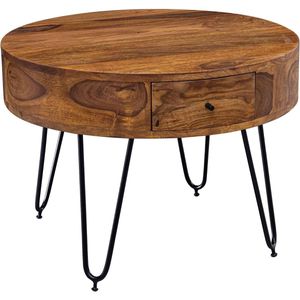 Ronde bijzettafel van massief hout en metaal - Handgemaakt design tafel met opbergladen voor woonkamer