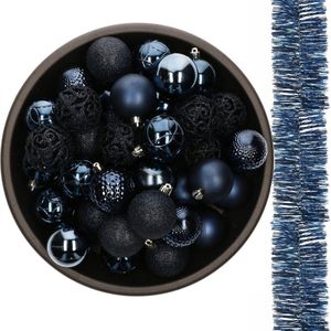 Decoris Kerstballen - 37 ST - 6 cm - en 2 ST kerstslingers - blauw- kunststof